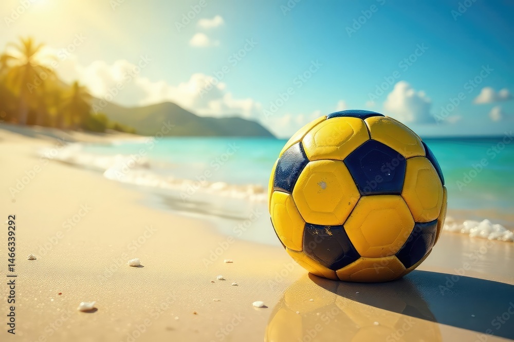 Fototapeta premium Brazilian soccer ball on a sun-drenched beach , carnival, travel, competition