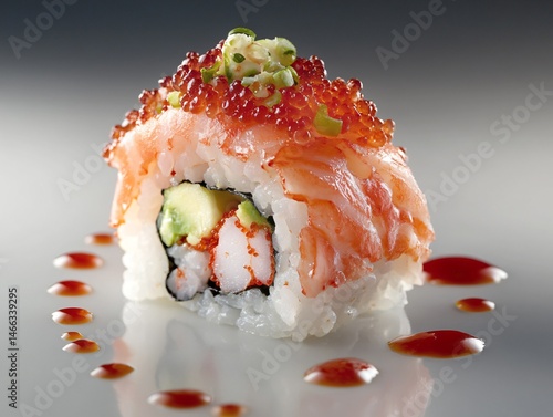 Salmon avocado sushi rolls served on a plate as a traditional Japanese meal