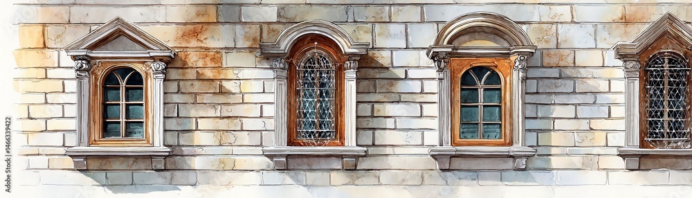 Elegant architectural design featuring vintage windows on a textured stone wall.