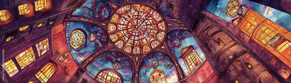 Stunning stained glass ceiling showcasing intricate artwork and vibrant colors.
