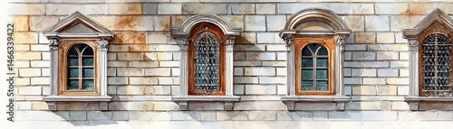 Obraz na płótnie Elegant architectural design featuring vintage windows on a textured stone wall. w salonie
