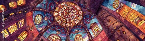 Obraz na płótnie Stunning stained glass ceiling showcasing intricate artwork and vibrant colors. w salonie
