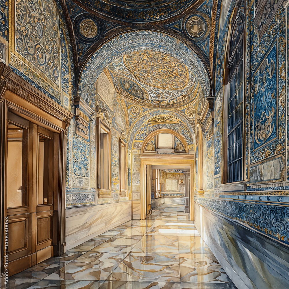 Elegant hallway with intricate designs and ornate ceilings.