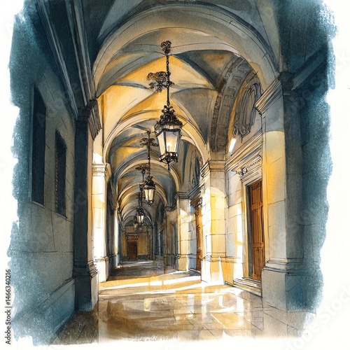 Obraz na płótnie Elegant corridor with arched ceilings and vintage lanterns, illuminated by natural light. w salonie
