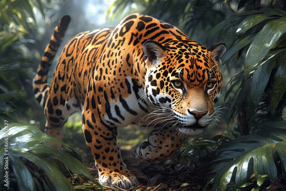 Leopard hiding in tropical foliage with focused eyes and spotted fur pattern in tense wild jungle setting