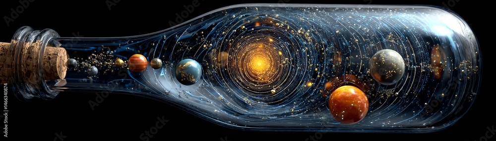 Galaxy in a bottle, cosmic view, corked glass container, dark background