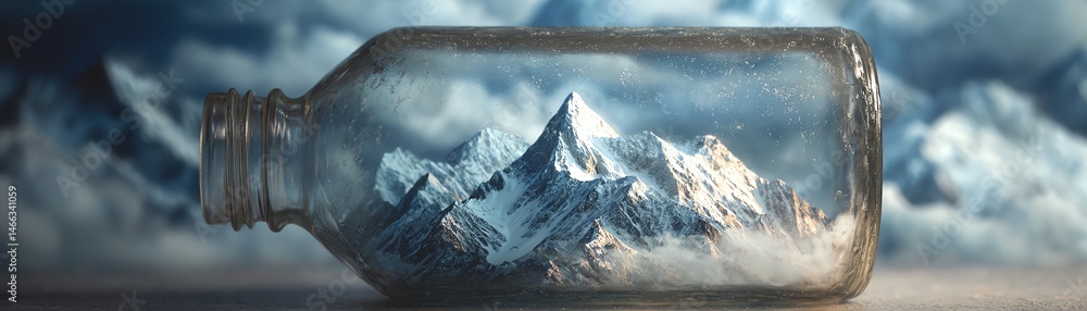 Mountain landscape inside a glass bottle, ethereal atmosphere, creative concept.