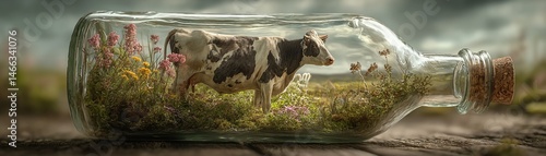 Obraz na płótnie A cow inside a glass bottle with greenery, artistic nature concept. w salonie