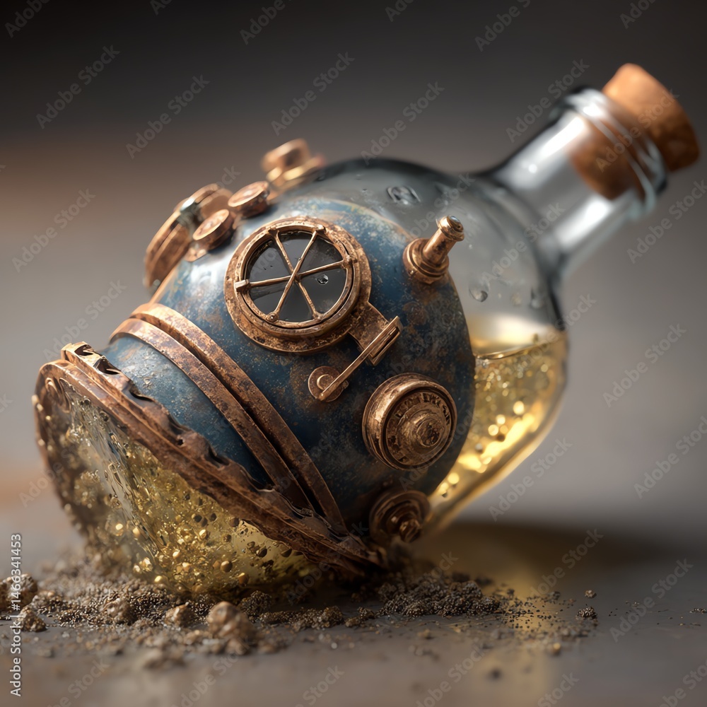 Unique glass bottle with steampunk design showcasing liquid and rustic texture.