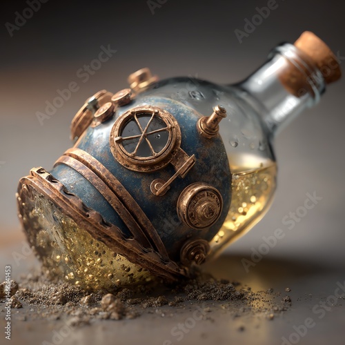 Obraz na płótnie Unique glass bottle with steampunk design showcasing liquid and rustic texture. w salonie