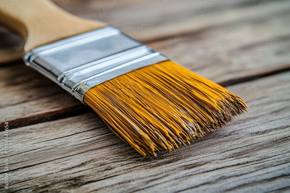 Fototapeta premium Brush rests on wooden surface, showcasing fine bristles and slee