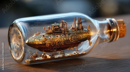 Obraz na płótnie Submarine model inside a glass bottle on a wooden surface. w salonie