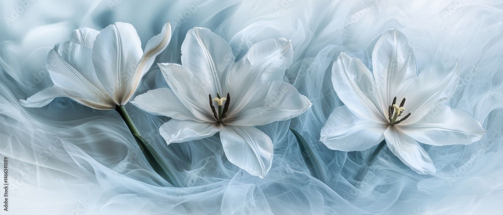 Fototapeta premium Three white flowers are floating in a blue background