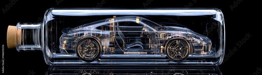 Car model inside a glass bottle on black background