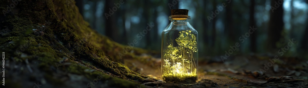 Glass jar filled with glowing lights on forest floor, natural setting.
