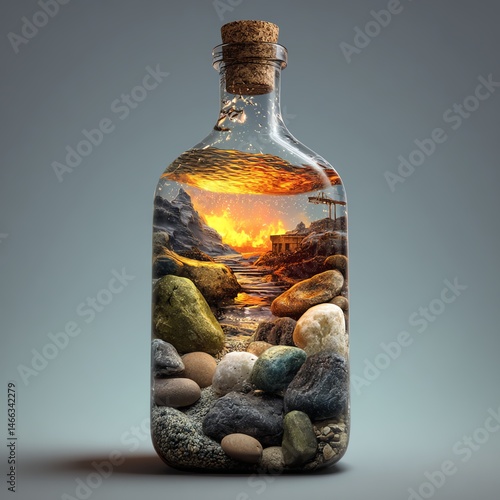 Obraz na płótnie Bottle filled with stones, featuring a scenic landscape inside. w salonie