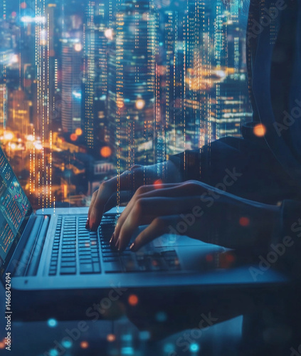Closeup of young businesswoman hand typing on laptop with futuristic cityscape background, digital data overlay, technology and innovation concept