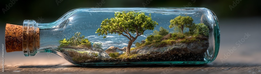 Miniature landscape with a tree inside a glass bottle, green foliage, natural scenery.