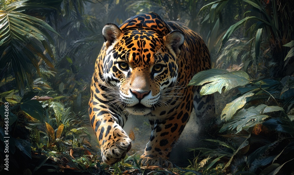 Leopard hiding in tropical foliage with focused eyes and spotted fur pattern in tense wild jungle setting
