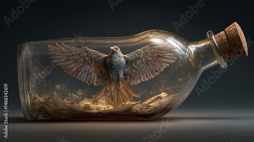 Beautiful handcrafted bird in glass bottle, artistic home decor piece.