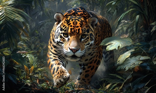 Leopard hiding in tropical foliage with focused eyes and spotted fur pattern in tense wild jungle setting


