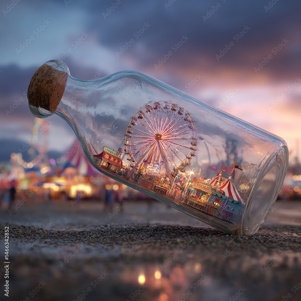 A miniature carnival inside a glass bottle on a sandy beach
