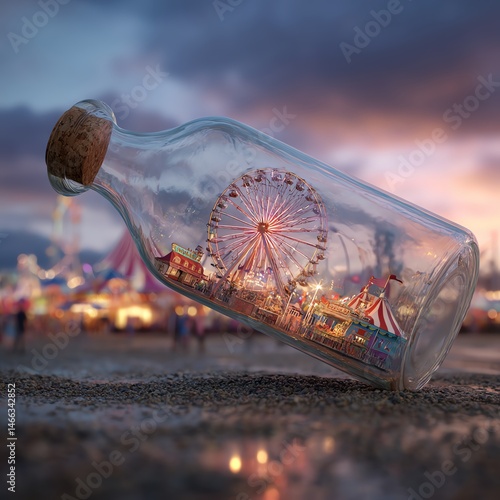 Obraz na płótnie A miniature carnival inside a glass bottle on a sandy beach w salonie