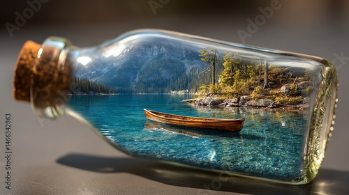 Obraz na płótnie A miniature boat inside a glass bottle on a clear blue water background. w salonie