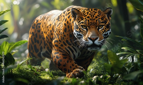 Obraz na płótnie Leopard hiding in tropical foliage with focused eyes and spotted fur pattern in tense wild jungle setting
w salonie