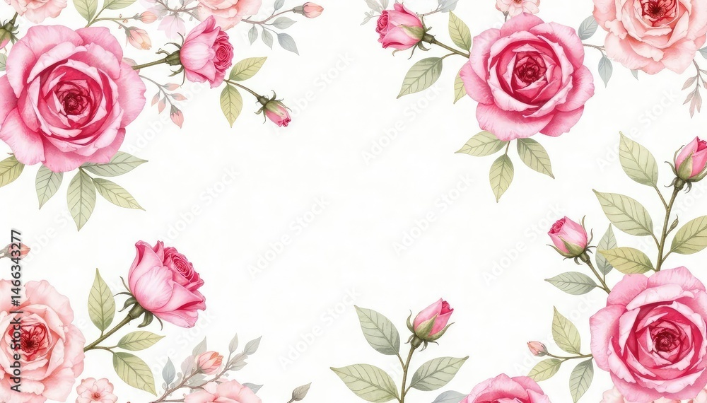 Delicate watercolor rose blooms, repeating pattern on white , repeat, floral Delicate watercolor rose blooms, repeating pattern on white , repeat, floral