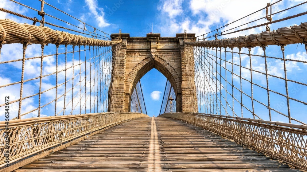 Obraz premium Low angle view of a suspension bridge's wooden deck leading to a stone archway against a bright blue sky with fluffy clouds. The bridge's intricate