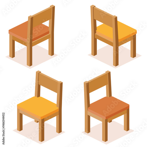 Set of four isometric wooden chair with a soft orange-brown cushion seat, shown from different angles. Interior design concept, game assets, architectural visualizations, and educational materials.