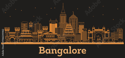 Outline Bangalore India City Skyline with orange Buildings. Business Travel and tourism concept with Historic Architecture. Bangalore Cityscape with Landmarks.