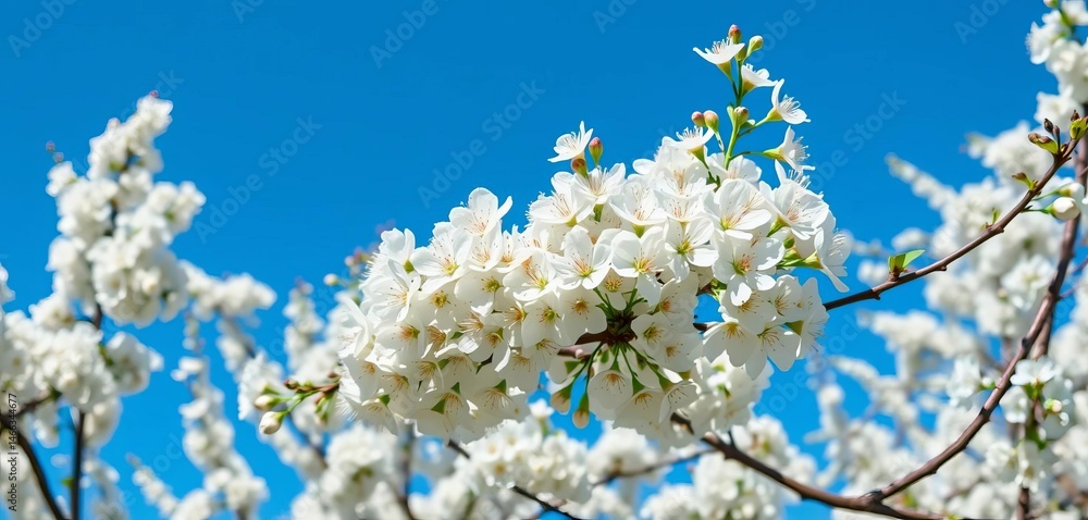 Abundant white blossoms burst forth on a tree branch against a vibrant spring blue sky, tree branch, nature photography Abundant white blossoms burst forth on a tree branch against a vibrant spring blue sky, tree branch, nature photography