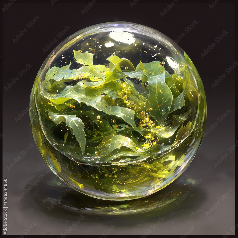Glass orb with algae and bubbles, showcasing underwater beauty, dark background.