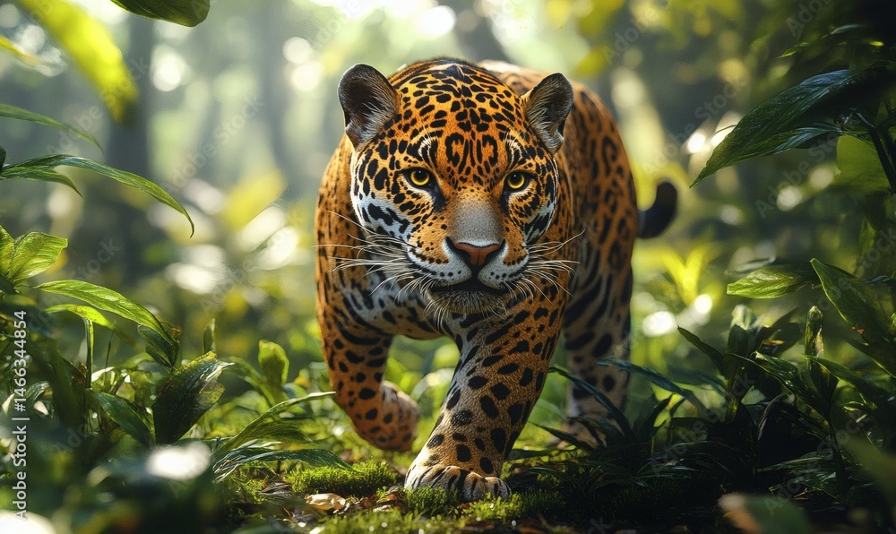 Leopard hiding in tropical foliage with focused eyes and spotted fur pattern in tense wild jungle setting