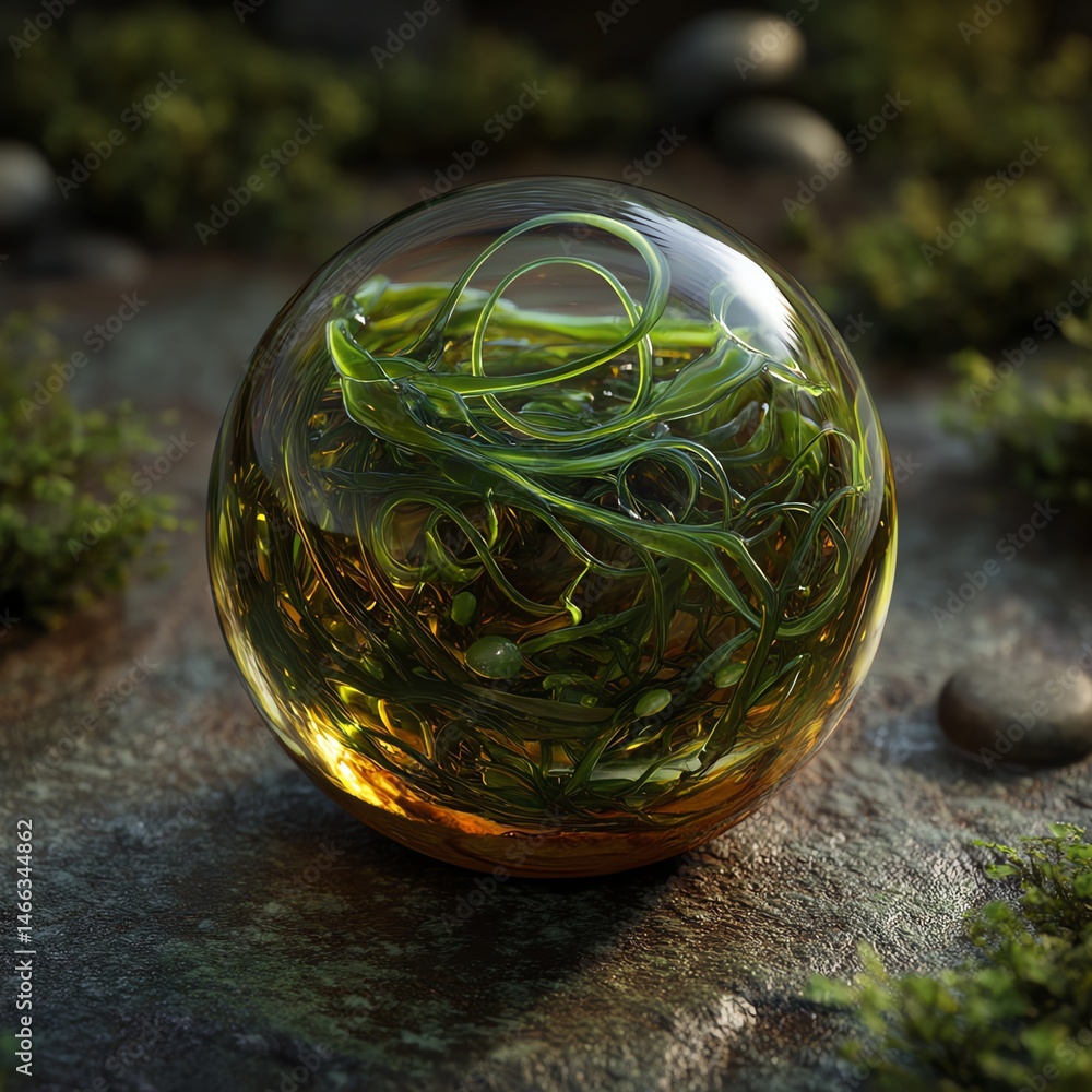 Translucent glass sphere containing vibrant green moss on a textured surface.