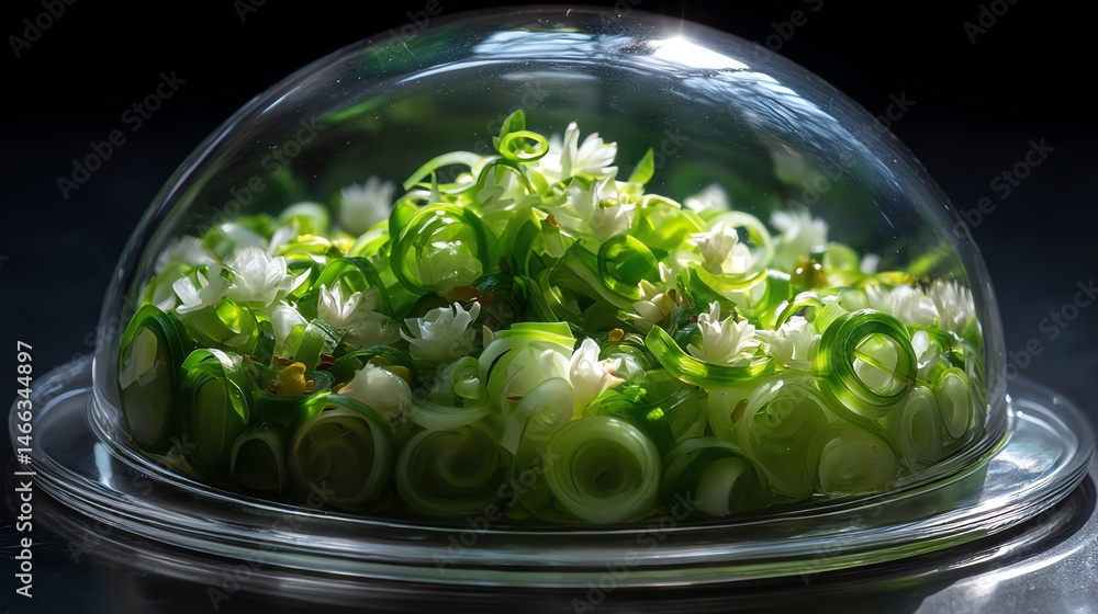 Fresh green onions with delicate white flowers under a glass dome.