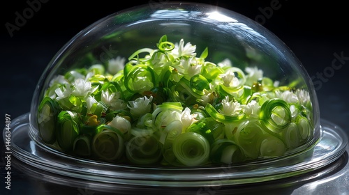 Obraz na płótnie Fresh green onions with delicate white flowers under a glass dome. w salonie