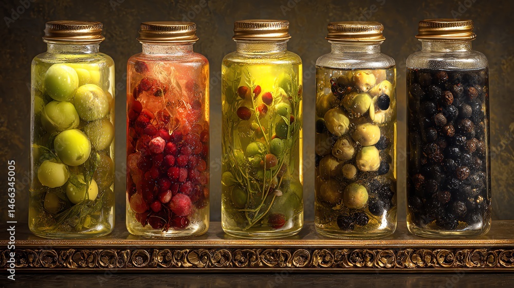 Colorful fruits and herbs in glass jars against a dark background.
