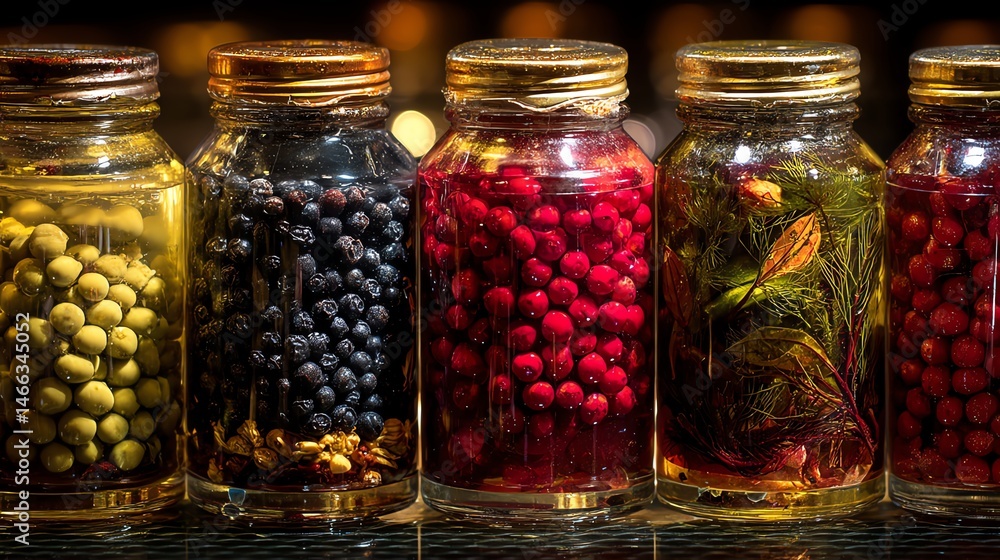 Colorful jars filled with various spices and berries, great for culinary use.