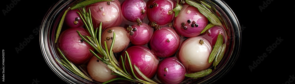 Fresh red and white onions with rosemary in a bowl on a dark background.