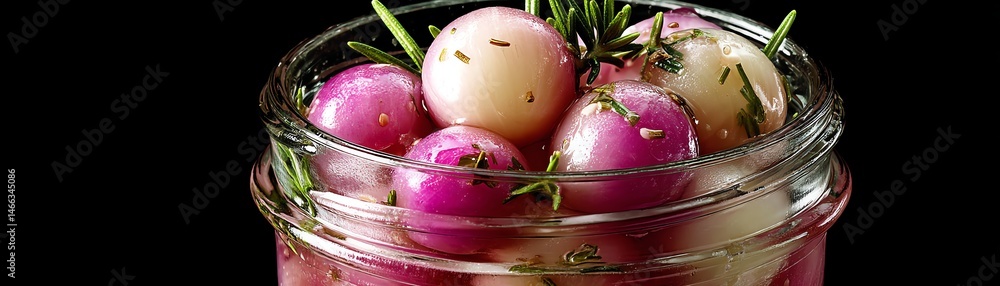Colorful pickled radishes in a glass jar with herbs against a dark background.