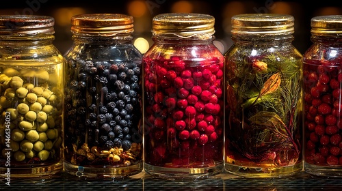 Obraz na płótnie Colorful jars filled with various spices and berries, great for culinary use. w salonie