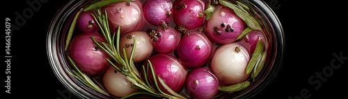 Obraz na płótnie Fresh red and white onions with rosemary in a bowl on a dark background. w salonie