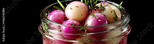 Obraz na płótnie Colorful pickled radishes in a glass jar with herbs against a dark background. w salonie