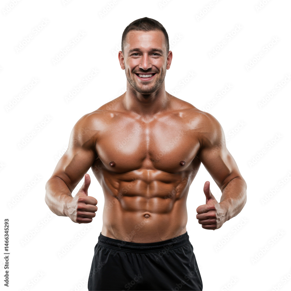 Fototapeta premium Athletic male with defined muscles smiling and giving thumbs up