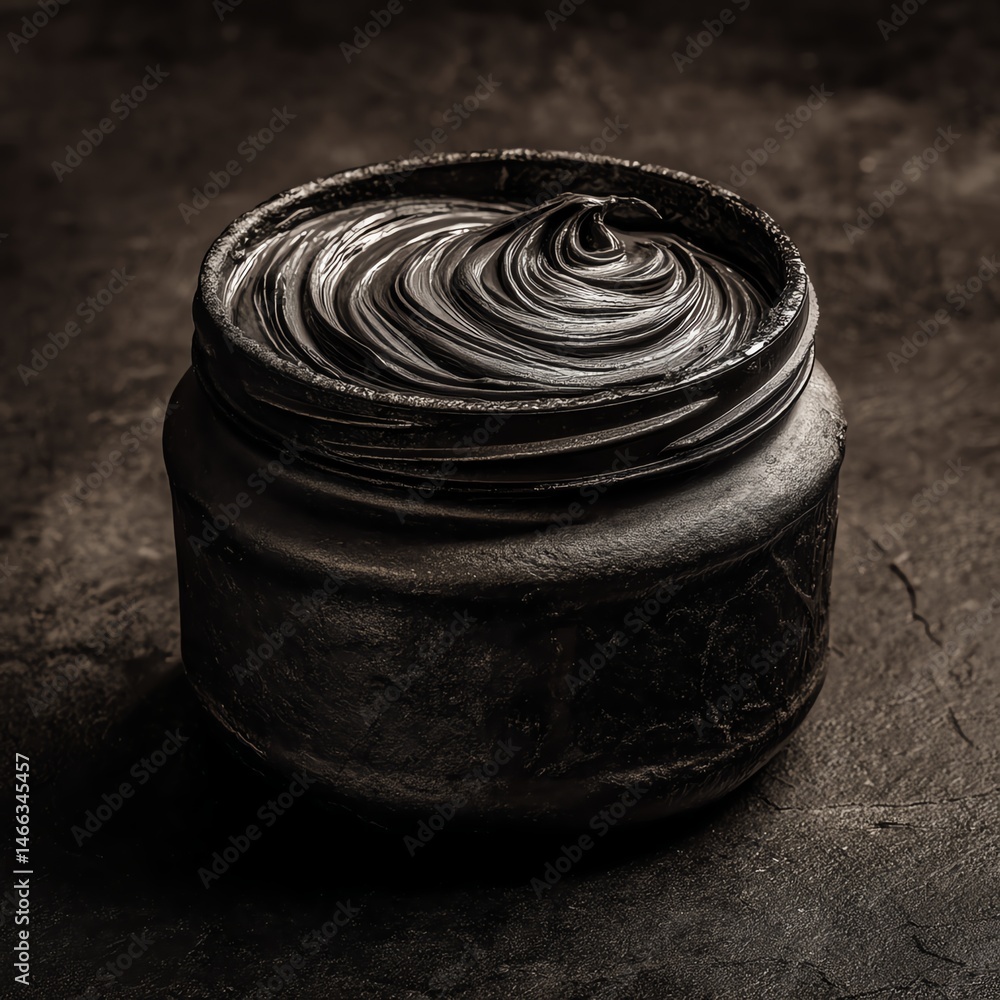 Smooth black paste in a jar on a dark surface.