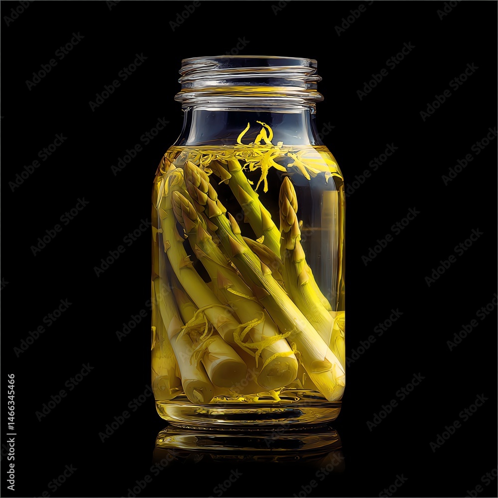 Glass jar filled with pickled asparagus on a black background.