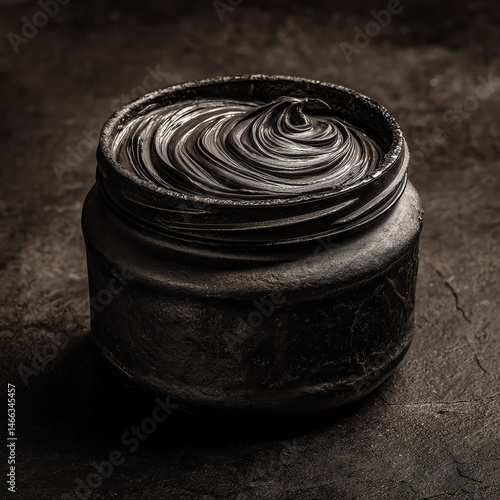 Obraz na płótnie Smooth black paste in a jar on a dark surface. w salonie